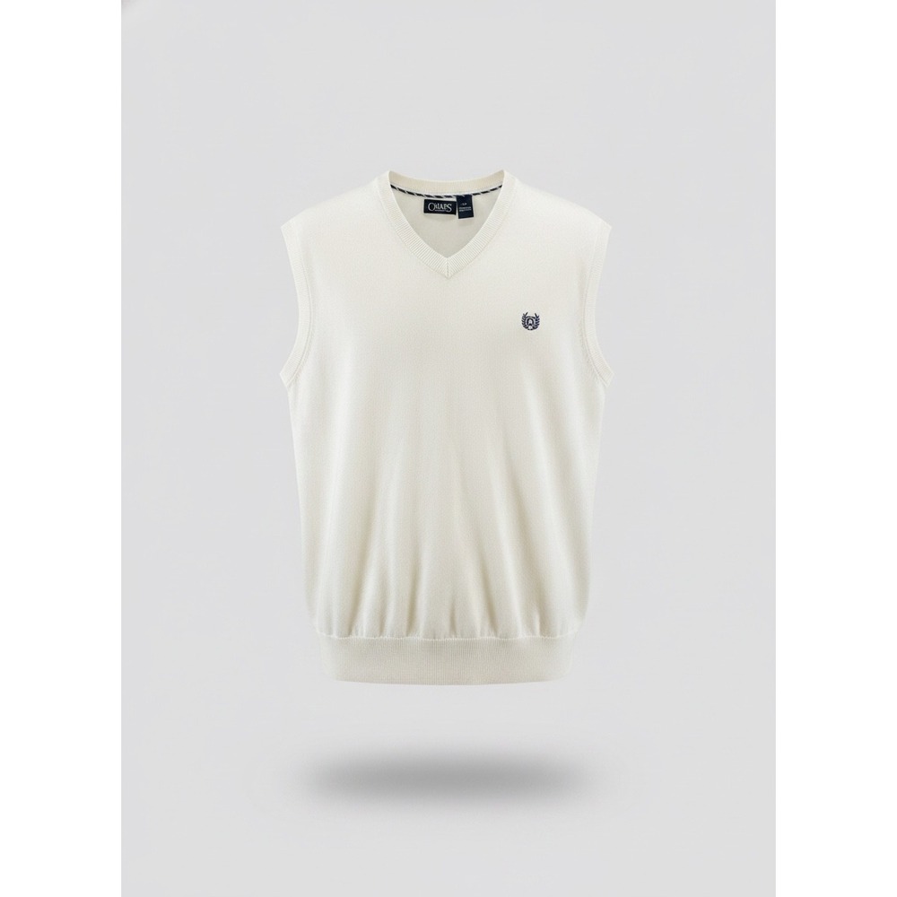 ChapsMens V-Neck Sweater Vest Cream Off White Embroidered Logo Size Large